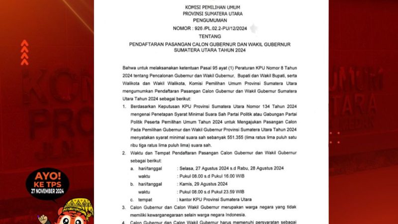 Besok Pendaftaran Pasangan Cagub dan Cawagub Sumut 2024 di KPU Provinsi Sumut