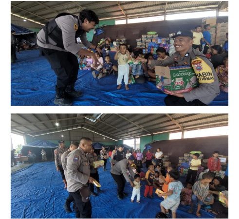 Polres Karo Berbagi Keceriaan, Anak-Anak Pengungsi Sinabung Dapat Bantuan Snack