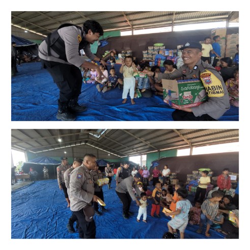 Polres Karo Berbagi Keceriaan, Anak-Anak Pengungsi Sinabung Dapat Bantuan Snack